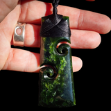 NZ Greenstone Pounamu Double Koru Toki Pendant Necklace (N1025)