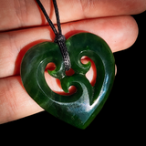 NZ Greenstone Pounamu Triple Koru Heart Pendant Necklace (N1012)