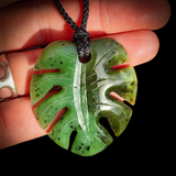 Natural Nephrite Jade Monstera Leaf Pendant Necklace (N1055)