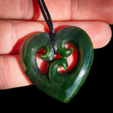 NZ Greenstone Pounamu Triple Koru Heart Pendant Necklace (N1046)