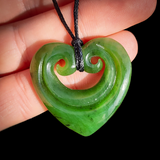 NZ Greenstone Pounamu Double Koru Heart Pendant Necklace (N1032)