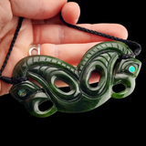 Natural Jade XL Double Sided Double Manaia Pendant Necklace (N2221)