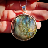 CLEARANCE Solid 925 Sterling Silver & Natural Labradorite Round Pendant Necklace
