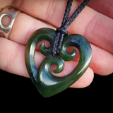 NZ Greenstone Pounamu Triple Koru Heart Pendant Necklace (N848)