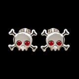 Childrens 925 Sterling Silver & Red CZ Skull & Crossbones Stud Earrings