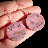Natural Rhodonite Round Hook Earrings (E111)