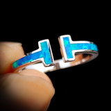 (Adjustable) Solid 925 Sterling Silver & Created Opal T Bar Band Ring