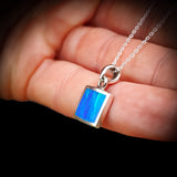 Solid 925 Sterling Silver & 11mm Square Created Blue Opal Pendant Necklace