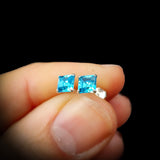 6mm Blue CZ & Solid 925 Sterling Silver Faceted Square Stud Earrings