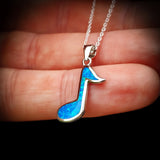 Solid 925 Sterling Silver & Created Blue Opal Music Note Pendant Necklace