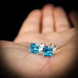 6mm Blue CZ & Solid 925 Sterling Silver Faceted Square Stud Earrings