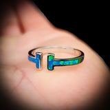 (Adjustable) Solid 925 Sterling Silver & Created Opal T Bar Band Ring