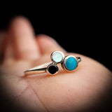 (O) Solid 925 Sterling Silver & Natural Turquoise, Moonstone, Onyx Ring