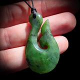NZ Greenstone / Pounamu Whale Tail Hook Pendant Necklace (N713)