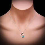 Solid 925 Sterling Silver & Created Blue Opal Double Heart Pendant Necklace