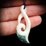 Natural Carved Maori Bone Carving Pendant Necklace - Koru Twist With Paua Inlay