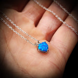 Solid 925 Sterling Silver & Created Blue Opal 7mm Heart Pendant Necklace