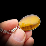 Silver Plated & Natural Tiger Eye Handmade Oval Pendant & Chain Necklace (30X25)