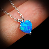 Solid 925 Sterling Silver & Created Blue Opal 7mm Heart Pendant Necklace