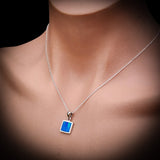Solid 925 Sterling Silver & 11mm Square Created Blue Opal Pendant Necklace