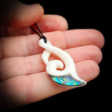 Natural Carved Maori Bone Carving Pendant Necklace - Koru Twist With Paua Inlay