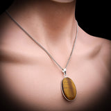 Silver Plated & Natural Tiger Eye Handmade Oval Pendant & Chain Necklace (30X25)