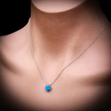 Solid 925 Sterling Silver & Created Blue Opal 7mm Heart Pendant Necklace