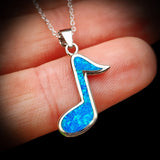 Solid 925 Sterling Silver & Created Blue Opal Music Note Pendant Necklace