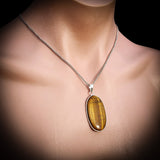 Silver Plated Natural Tiger Eye Handmade Oval Shaped Necklace (30X43)