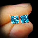 6mm Blue CZ & Solid 925 Sterling Silver Faceted Square Stud Earrings