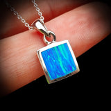 Solid 925 Sterling Silver & 11mm Square Created Blue Opal Pendant Necklace
