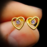 Solid 925 Sterling Silver Gold Lavender CZ Heart Stud Earrings