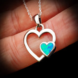 Solid 925 Sterling Silver & Created Blue Opal Double Heart Pendant Necklace