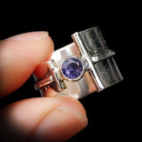(R) Solid Sterling Silver & Natural Amethyst Rustic Handmade Cuff Ring