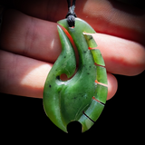 NZ Greenstone / Pounamu Notched Fern Hook Pendant Necklace (N640)