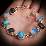 Solid 925 Sterling Silver & Natural Larimar, Moonstone, Labradorite Handmade Chain Bracelet