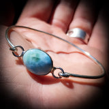 Solid Sterling Silver & Natural Larimar Rustic Handmade Bangle Bracelet