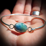 Solid Sterling Silver & Natural Larimar Rustic Handmade Bangle Bracelet (4A10A2)
