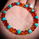 Polished Cognac Amber & Turquoise Stone Elastic Bracelet