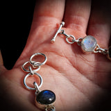 Solid 925 Sterling Silver & Natural Larimar, Moonstone, Labradorite Handmade Chain Bracelet