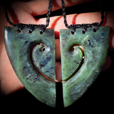 NZ Greenstone Pounamu Pair Matching 2pcs Koru Heart Pendant Necklaces (N644)