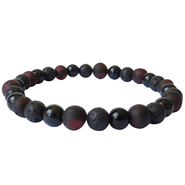 Adult Bracelet - Raw Cherry Amber, Lava & Obsidian Stones