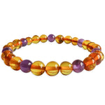 Adults Elastic Polished Honey Amber & Amethyst Bracelet