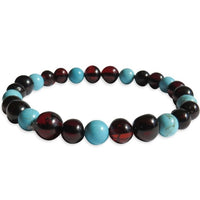 Adults Elastic Polished Cherry Amber & Turquoise Stone Bracelet