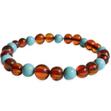 Adults Elastic Polished Cognac Amber & Turquoise Stone Bracelet