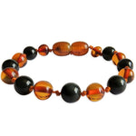 Amber Teething Bracelet  / Anklet - Polished Cognac Amber & Black Obsidian Stone