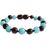 Amber Teething Bracelet / Anklet - Polished Cherry Amber & Amazonite