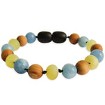 Amber Teething Bracelet / Anklet - Raw Butter, Pine Wood & Aquamarine