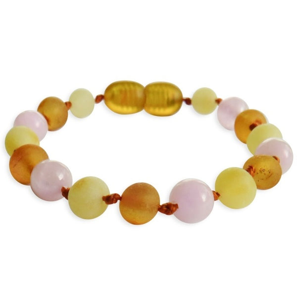 Amber Teething Bracelet / Anklet - Raw Honey, Butter & Rose Quartz