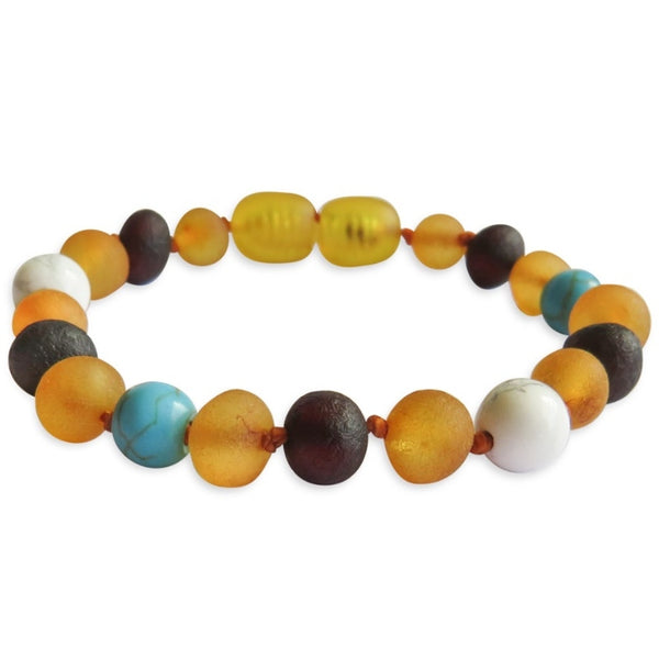 Amber Teething Bracelet / Anklet - Raw Honey & Cherry with Turquoise Stones